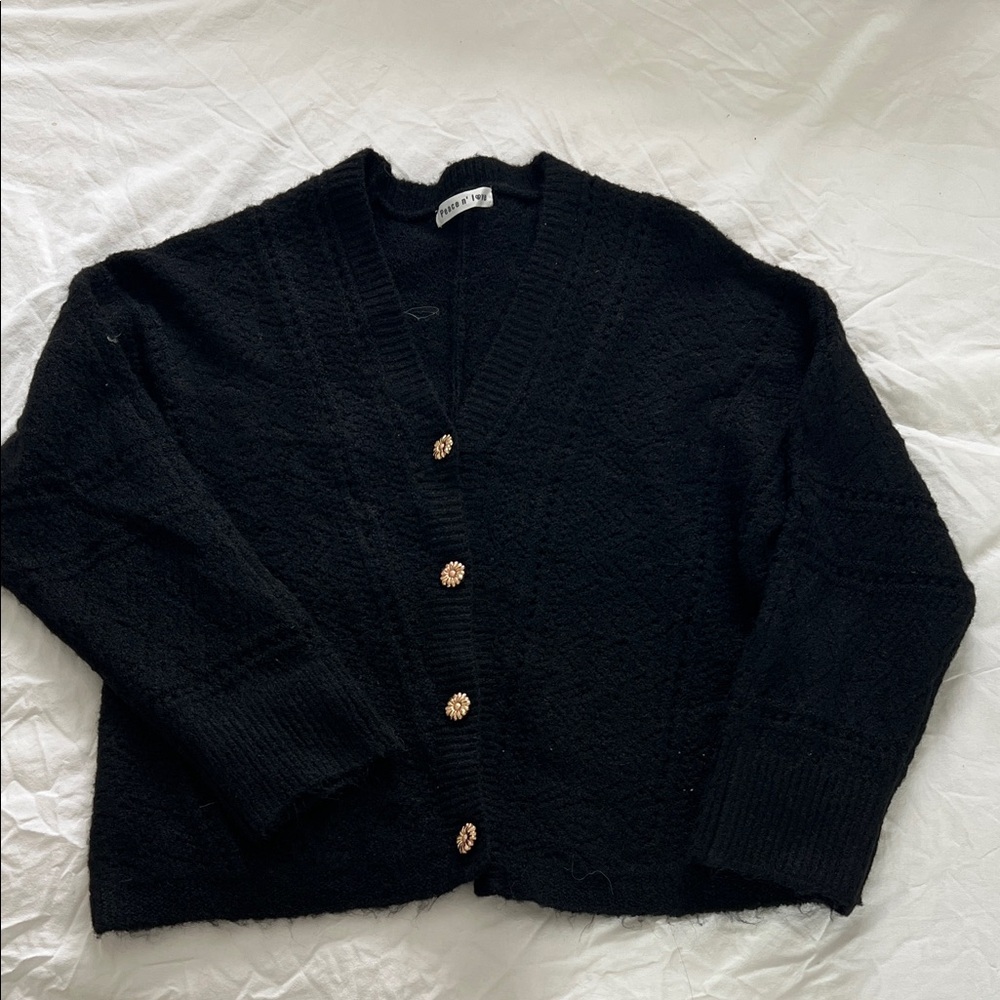 Black Women's Cardigan with Flower Buttons